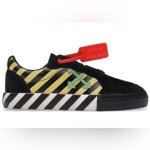 Off-White Black and Yellow Striped Sneakers with Green Arrow